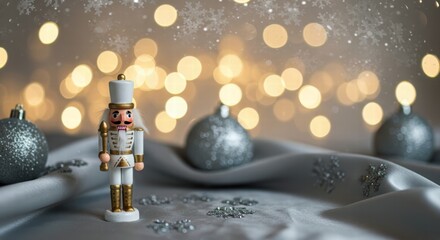 A festive nutcracker stands on a silky gray fabric with silver ornaments and bokeh lights in the background creating a magical holiday atmosphere with snowflakes