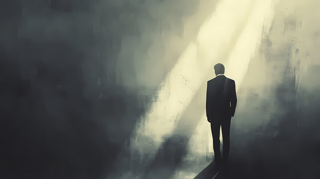 A man in a suit stands in a beam of light, with his face obscured by shadow. Obscured Glow. Illustration