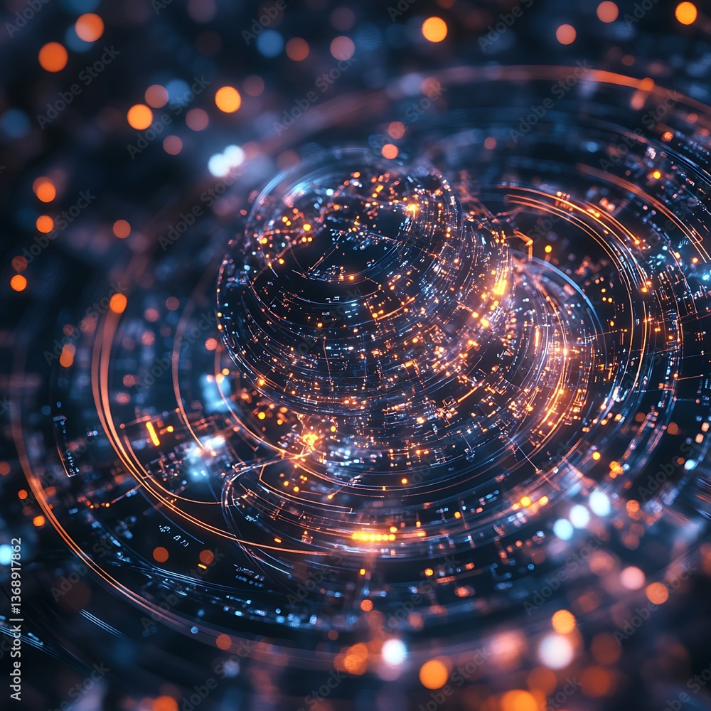 Poster abstract swirling sphere, intricate design with glowing lines and points