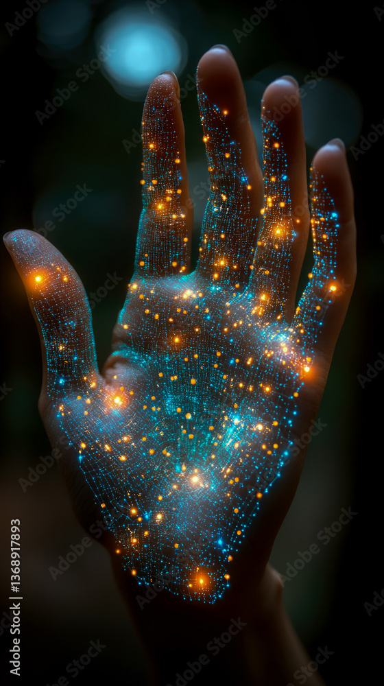 Poster bio digital interface: abstract hand with glowing data points, representing technology and connectio