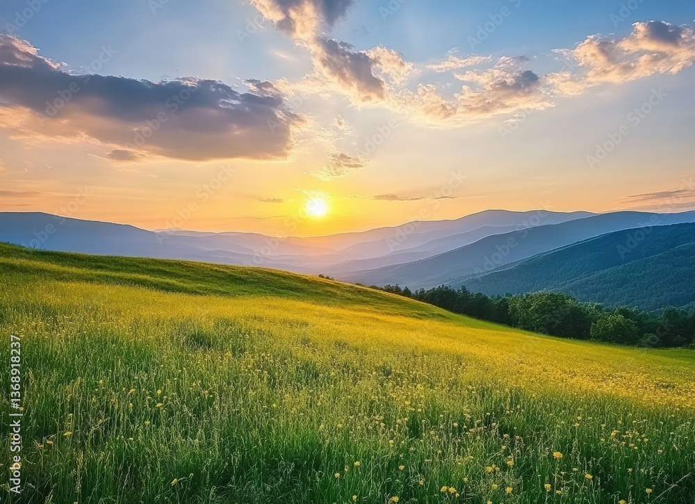 Poster sunset illuminating rolling hills and meadow in the carpathian mountains