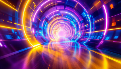 A futuristic, vibrant tunnel pulses with a mesmerizing blend of neon lights, radiating a hypnotic, almost otherworldly glow. The circular patterns create a sense of endless possibilities.