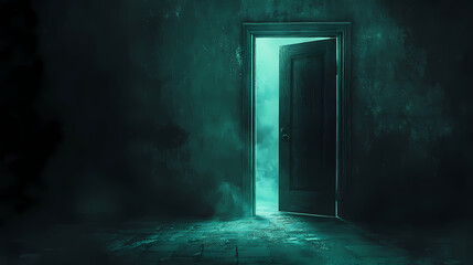 Obraz premium Mysterious door ajar in dark room with eerie glow. Obscured Glow. Illustration