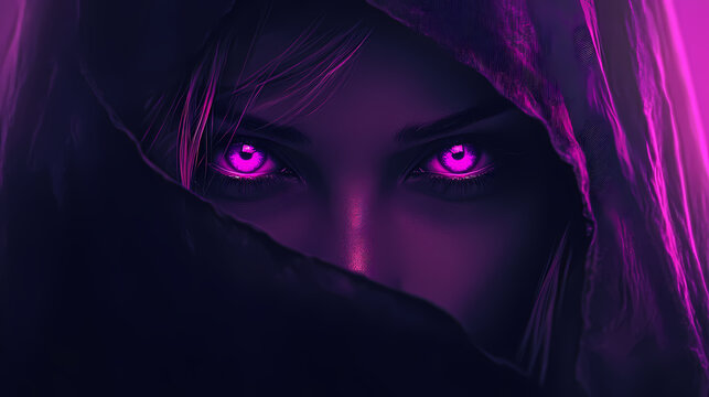 Mysterious woman with glowing purple eyes hidden by dark hood. veiled darkness. illustration. Obscured Glow. Illustration