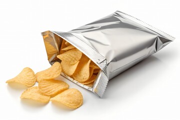 Silver foil bag of potato chips spilling onto a white surface. The crispy, golden chips are arranged naturally, highlighting their texture and shape.