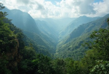 Naklejka premium Mountain Landscape with Dense Forest and Clouds