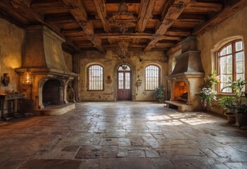 Rustic Living Room with Stone Fireplace and Arched Doorway