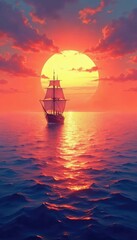 Obraz premium Sunset Sail: A Serene Voyage at Golden Hour