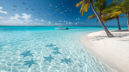 Fototapeta premium Tropical beach scene with clear water, palm trees, starfish, boat, and fish. Sunlit, serene