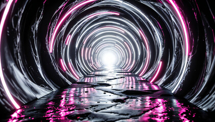 A surreal pathway into a futuristic tunnel of vibrant, pulsating lights. Evoking a sense of exploration, this artful image beckons the viewer towards an unknown horizon.