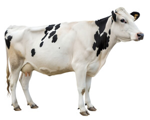 A serene dairy cow, elegantly posed against a pure white background, showcasing its distinctive black and white markings. AI Generative