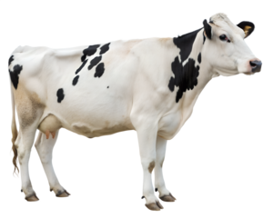 A serene dairy cow, elegantly posed against a pure white background, showcasing its distinctive black and white markings. AI Generative