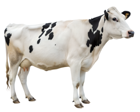 A serene dairy cow, elegantly posed against a pure white background, showcasing its distinctive black and white markings. AI Generative