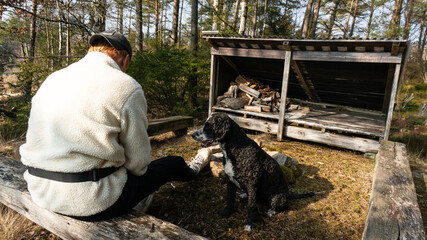 a young man sitting at a camping area outside in the forest with two dogs  