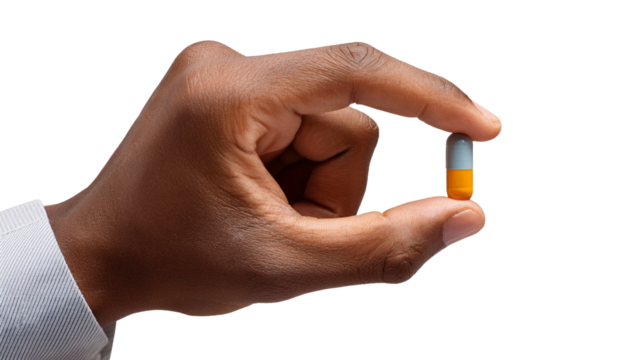 Hand holding a white pill against a white background
