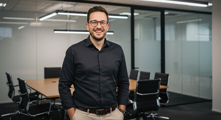Smiling Businessman in Modern Office Environment