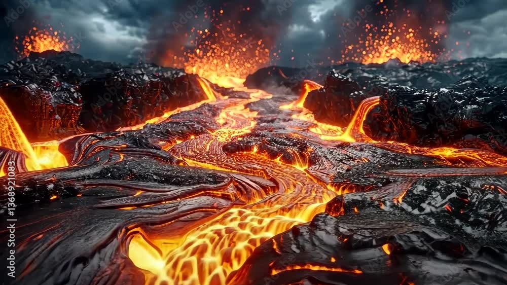 Poster molten lava flows down a volcano, creating a fiery river with mesmerizing textures