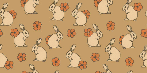 Cute vintage rabbit seamless repeating pattern on a sepia brown background and red flowers
