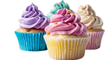 Colorful cupcakes isolated on a white background, photorealistic, PNG transparent cutout with
