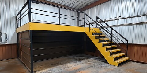 Yellow metal loft with stairs and railing in warehouse.