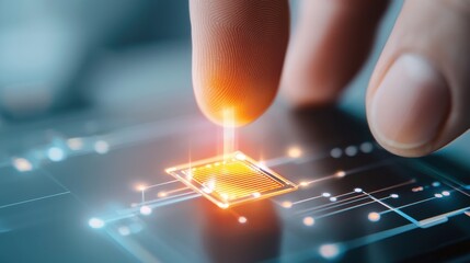 Macro shot of a mini bio sensor chip being inserted into a digital reader, precision fingers, glowing medical display