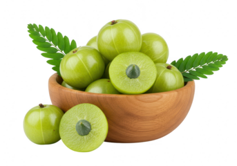 A wooden bowl filled with fresh green Indian gooseberries amla isolated on transparent background