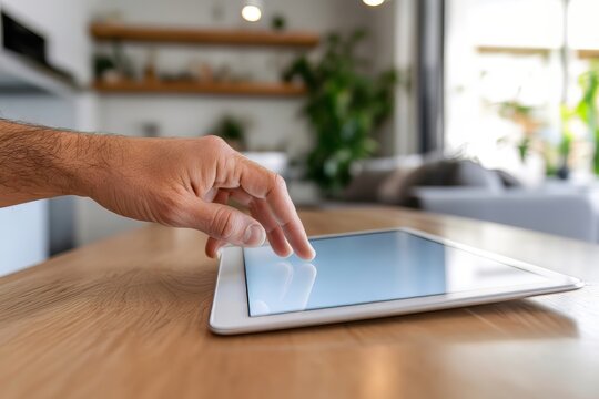 Person reaching to swipe a bright tablet screen on a sleek wooden table