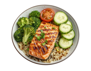 Healthy salmon meal with broccoli and cucumber for nutritious lunch on a transparent background, cut out