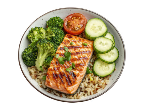 Healthy salmon meal with broccoli and cucumber for nutritious lunch on a transparent background, cut out