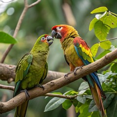 The two couple parrot talking they are sitting together with  loving problem.