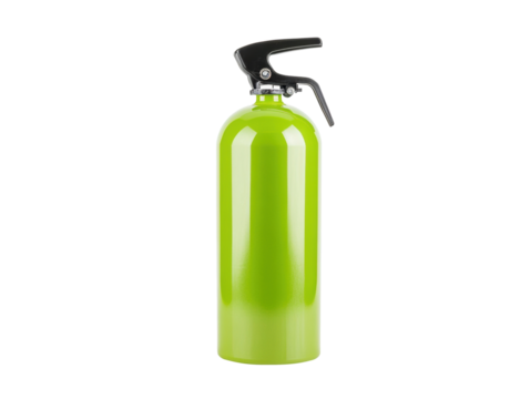 Bright green fire extinguisher for safety and emergency response on a transparent background, cut out