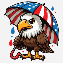 Funny eagle with American flag umbrella. Cartoon styled vector illustration. stock illustration