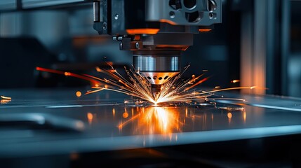 Metal laser cutting machine industrial manufacturing with bright sparks