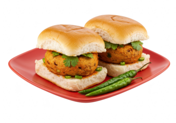 Two vada pav buns served on a red plate isolated on transparent background