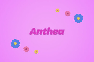 Anthea female girl name illustration in pink with blossoms, flowers