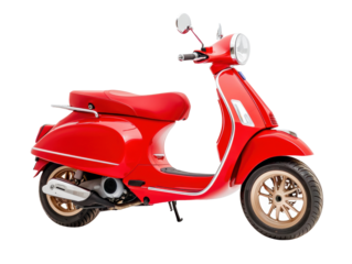 Classic red scooter for urban commuting and transportation on a transparent background, cut out
