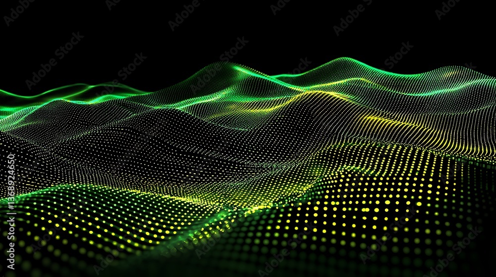 Poster abstract digital landscape of glowing particles. dynamic, undulating patterns of light