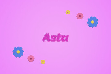 Asta female girl name illustration in pink with blossoms, flowers