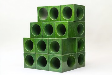 Stack of green ceramic cubes with circular openings arranged in a pyramid shape on white background