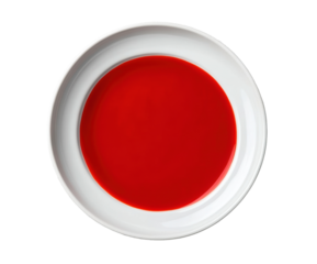 Vibrant red sauce on a white plate for culinary presentation on a transparent background, cut out
