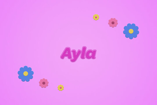 Ayla female girl name illustration in pink with blossoms, flowers