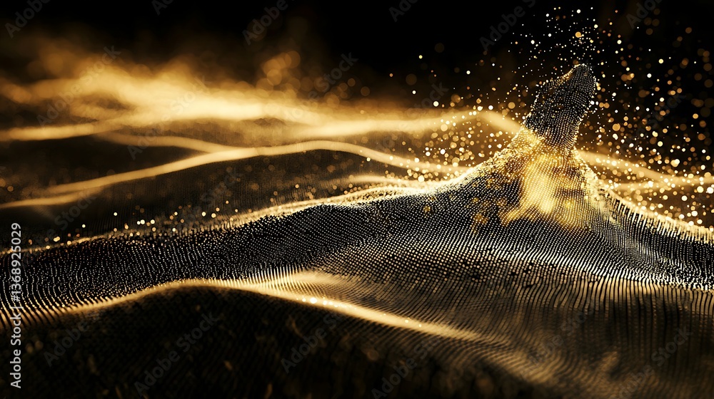 Poster abstract digital landscape of gold particles. a mesmerizing display of particles forming undulating 