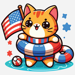 Naklejka premium Playful patriotic cat with rubber circle and American flag. Funny holiday Independence Day cartoon kawaii character.