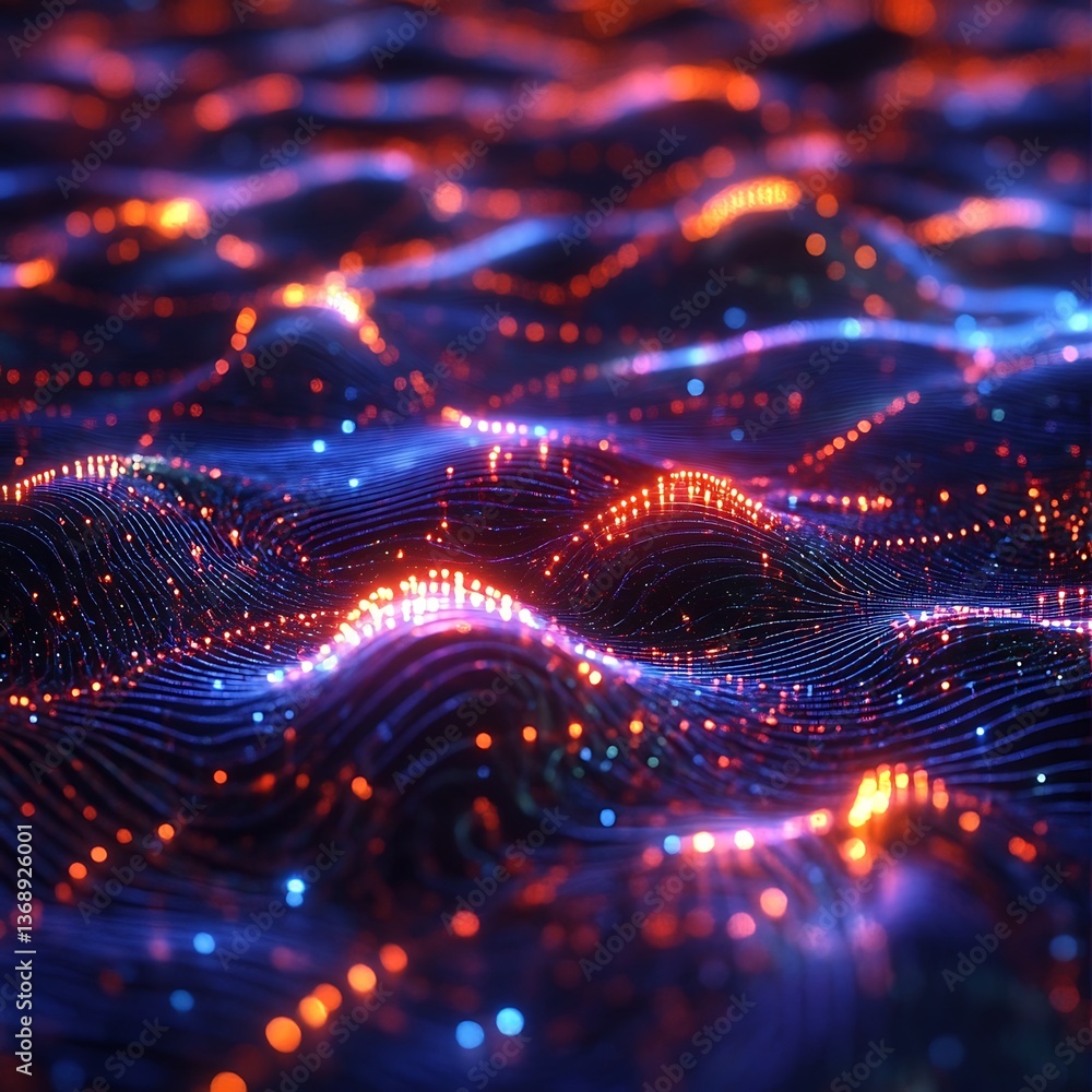Poster abstract digital landscape of glowing lines and particles, creating a dynamic wave-like pattern