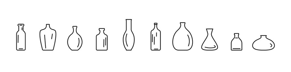 Linear bottle icons. Minimalistic outline style bottles. Containers of various shapes. Vector illustration.