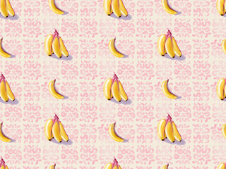 Yellow bananas on a pink tile background seamless repeating pattern