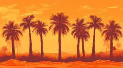 Obraz premium Palm trees on orange background with desert mirage pattern seamless wallpaper design. Mirage Horizon. Illustration
