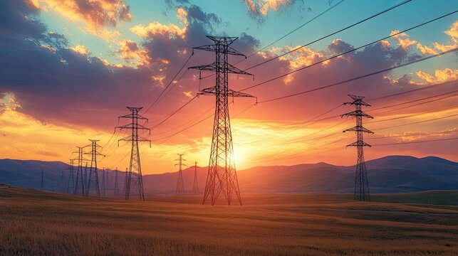 Power lines transmission towers energy sunset landscape photograph