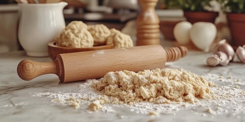 Fototapeta premium A wooden rolling pin rests on a marble surface with scattered flour and dough, while dough balls are seen in a bowl in the background