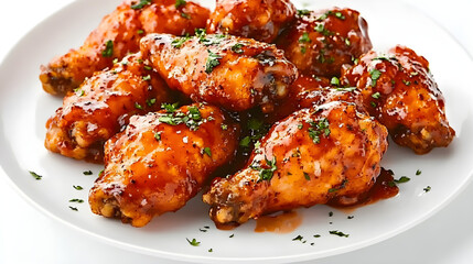 A Plate of Spicy Salmon. The chicken wings have a glaze on them and are garnished with herbs, placed against a white background. 